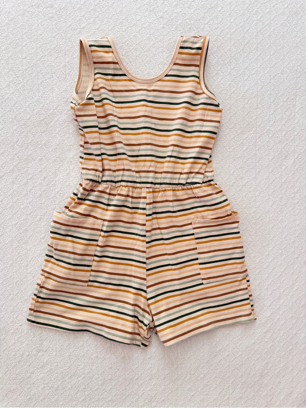 Alice + Ames Neutral Striped Tank Romper in Cream Mustard and Green